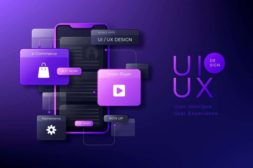 Mobile phone and app icons on purple background, showcasing a modern UI/UX design concept.