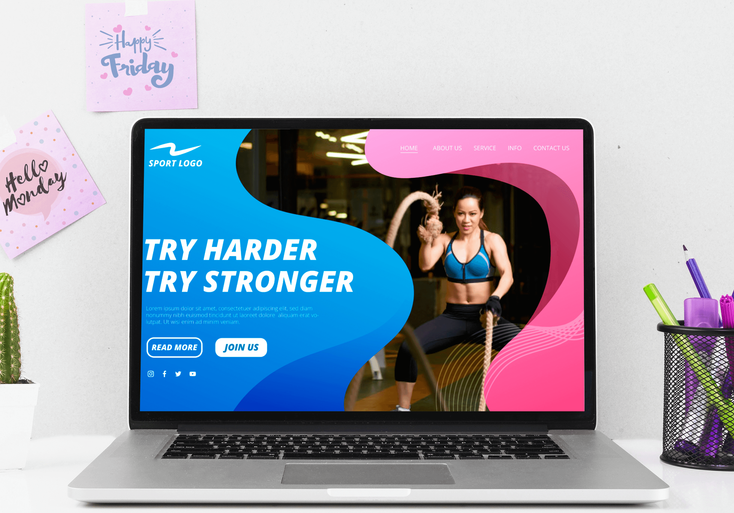 An attractive fitness website design showcasing a user-friendly layout, motivational content, and interactive features.