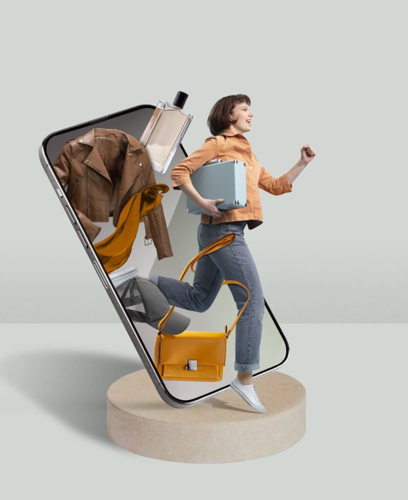 A woman sprinting through a phone screen, carrying a suitcase like a ecommerce store