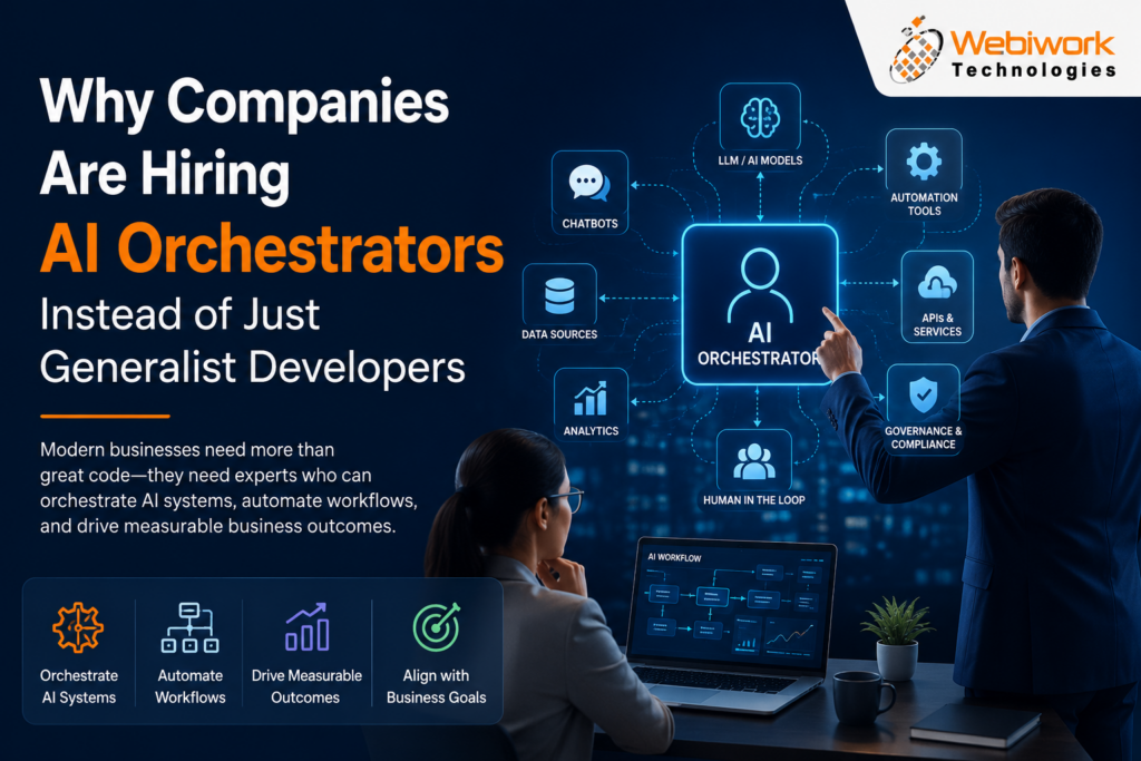 AI Orchestration Services infographic explaining why companies are replacing generalist developers with AI orchestrators for intelligent business automation.